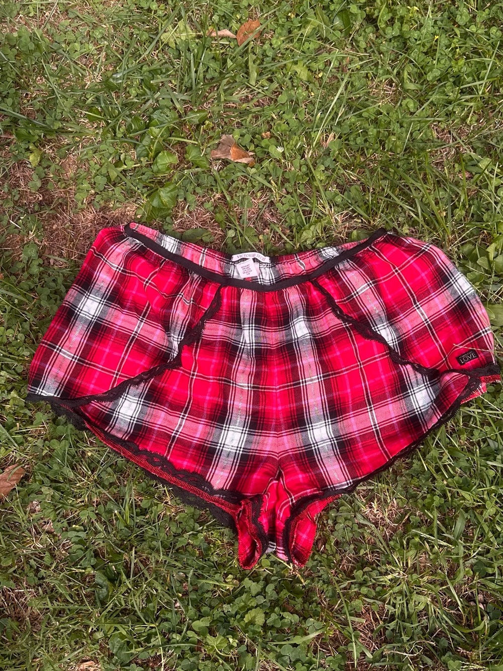 Vintage Y2K Victoria Secret Plaid Red Lounge Shorts with Lace Trim V-Day Xmas
